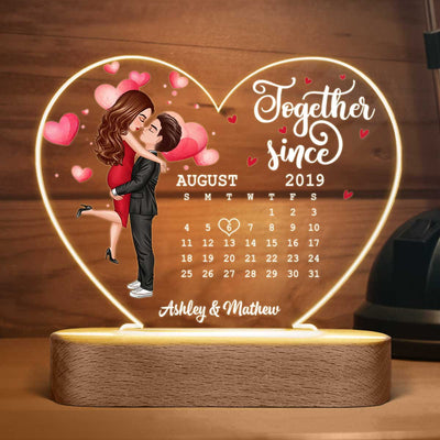 Watercolor Hearts Doll Couple Hugging Kissing Calendar Anniversary Date Personalized Acrylic Heart Plaque LED Night Light