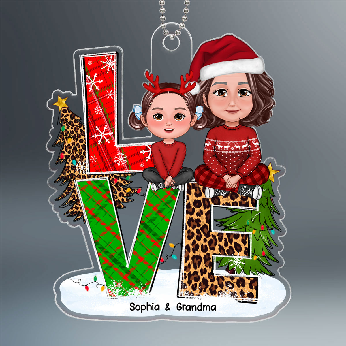 LOVE Christmas Pattern Stacked Grandma Grandkid Sitting Personalized Acrylic Ornament