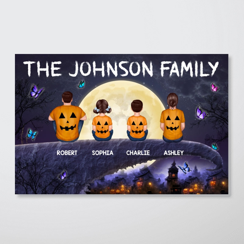 Halloween Family Back View Sitting On Cliff Personalized Horizontal Poster