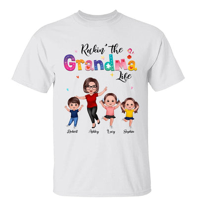 Colorful Floral Pattern Rockin‘ The Grandma Life Happy Doll Grandma & Grandkids Personalized Shirt