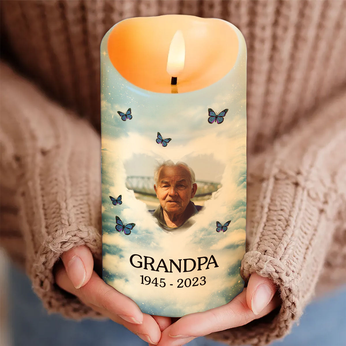 This Candle Burns In Loving Memory Sky Photo Upload Memorial Personalized LED Candle