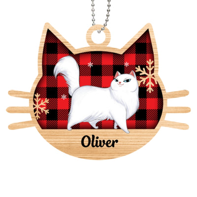 Checkered Cartoon Walking Cat Personalized Wooden Ornament