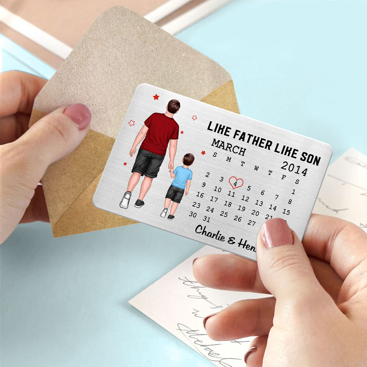 The Day You Became My Daddy Walking Dad & Kid Wallet Keepsake Personalized Metal Wallet Card