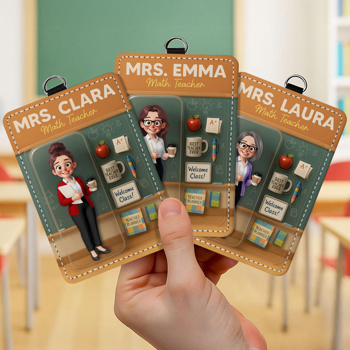 3D Effect Teacher Figure Style Personalized ID Badge Holder, Back To School Gift For Teacher Colleagues