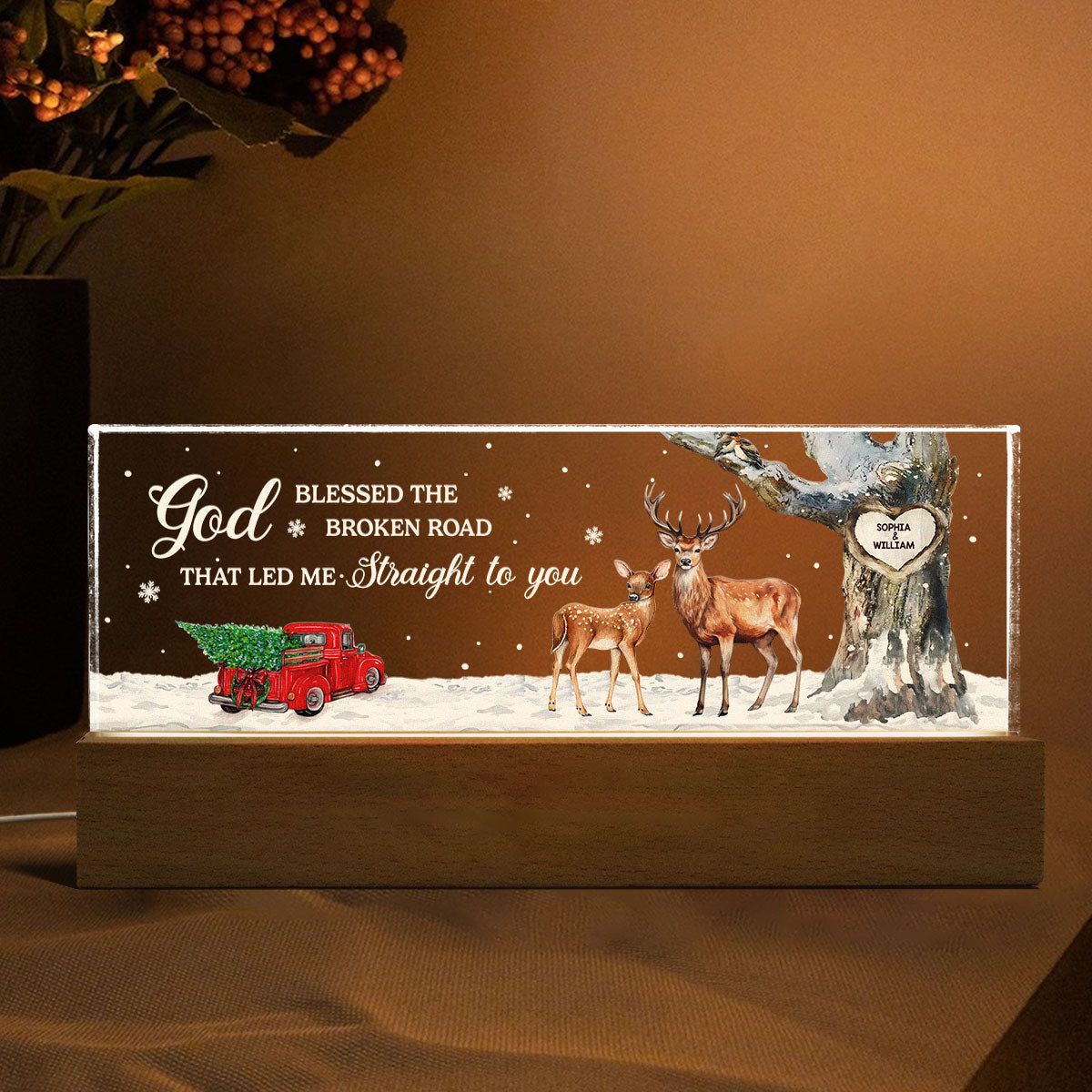 God Blessed The Broken Road Personalized Acrylic Block LED Night Light, Christmas Gift for Couples