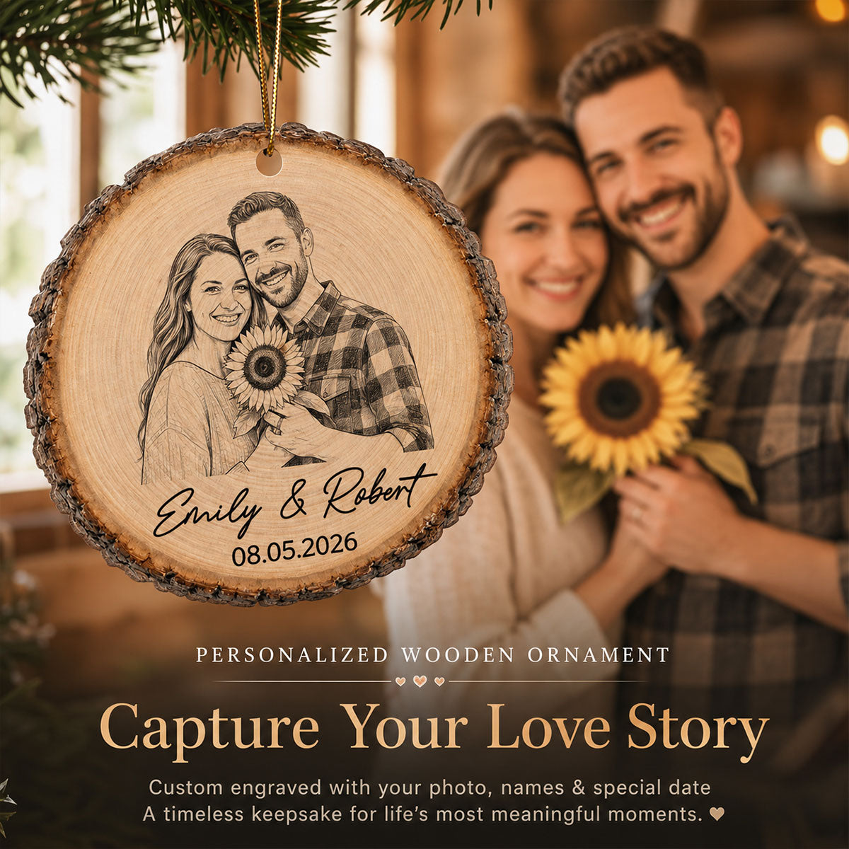 Sketch Style Couple Forever Love Custom Photo - Personalized Wooden Ornament - Christmas Gift, Anniversary Gift For Couple