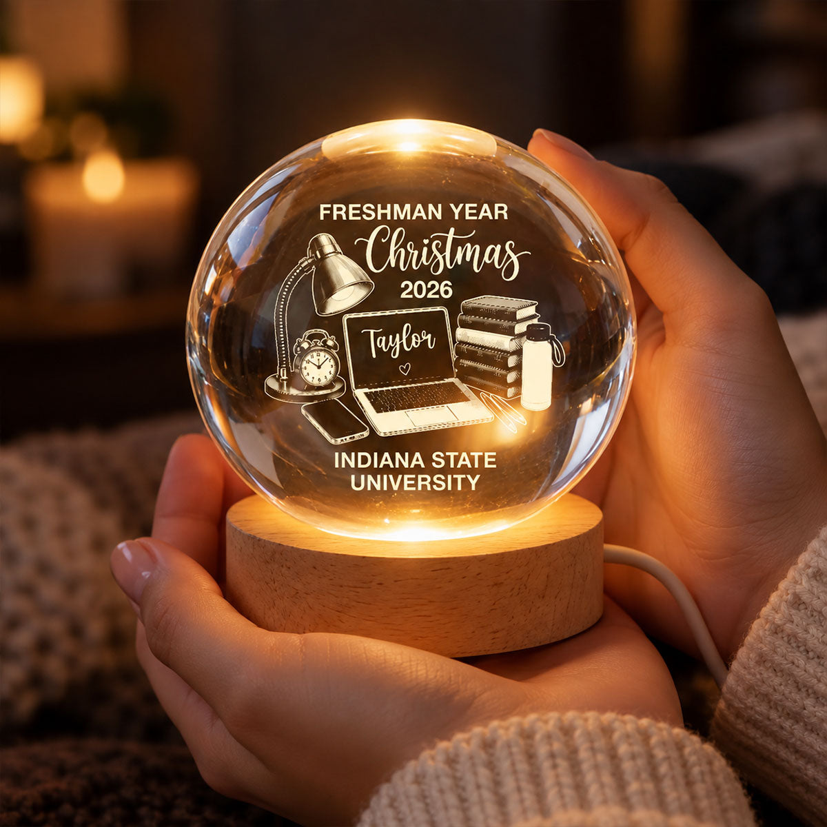Freshman Year Christmas Study Desk – Personalized Crytal Ball Night Light – College Student Christmas Gift, First Year Keepsake