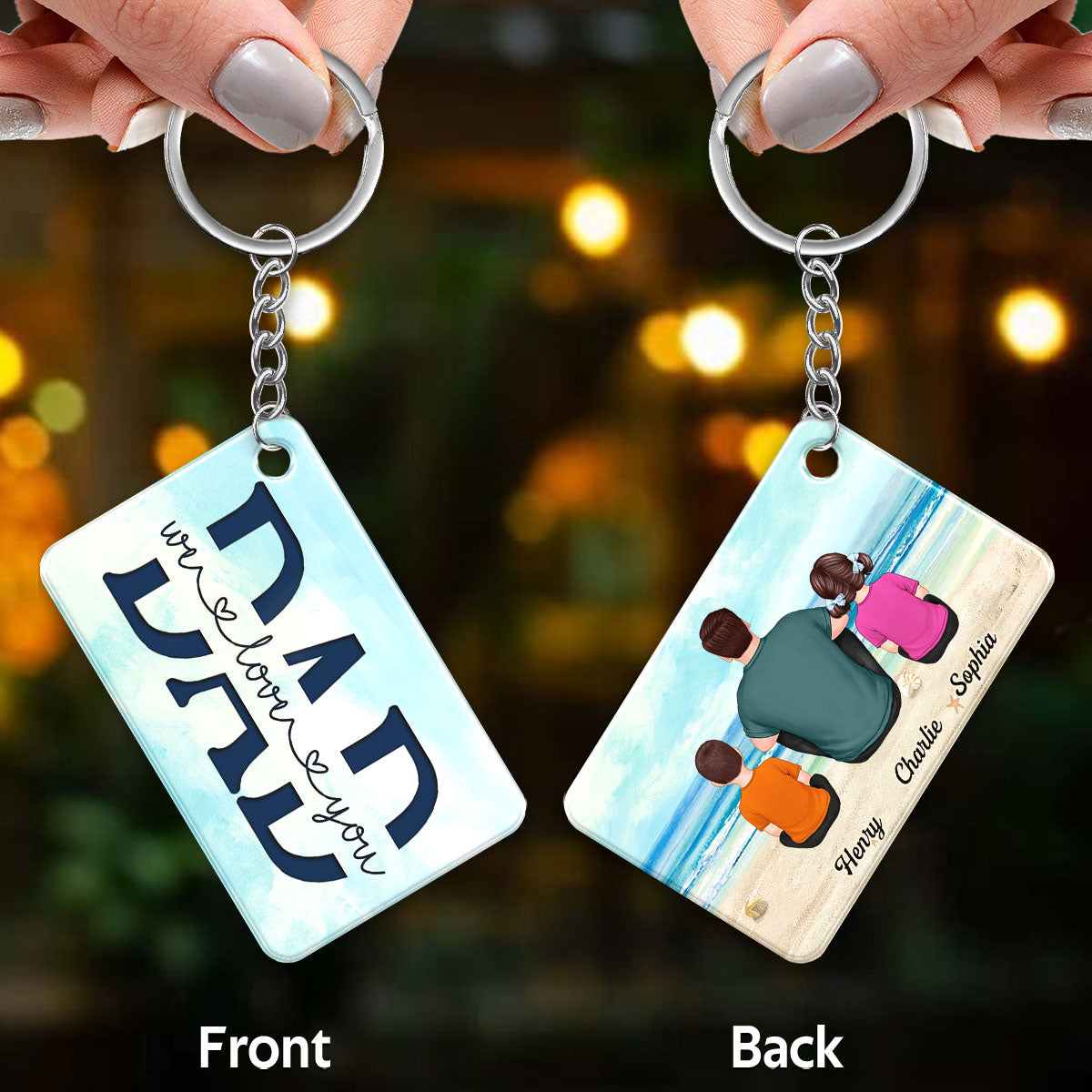 Beach Landscape Best Dad Ever Back View Man Kids Dog Cat Personalized Acrylic Keychain