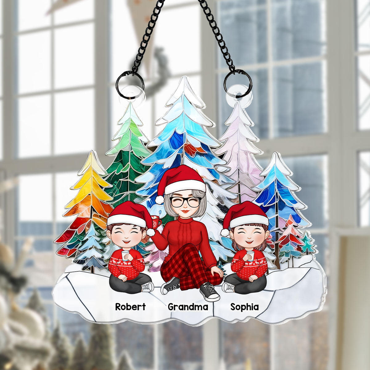 Grandma Grandkids Colorful Christmas Tree Stained Glass Personalized Suncatcher