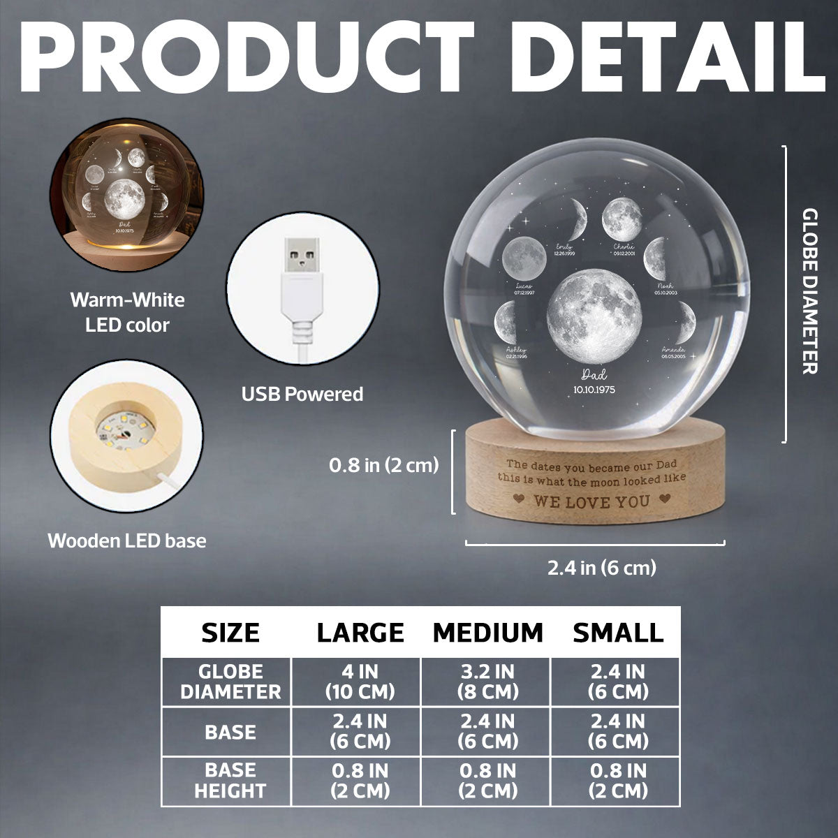 The Date You Became Our Dad - Personalized Crystal Ball LED Night Light - Custom Moon Phase by Date, Father's Day Gift for Dad, Husband