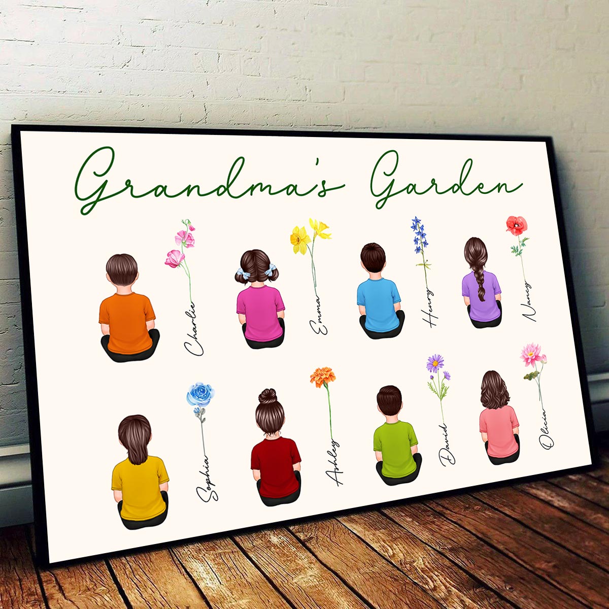 Grandkids Sitting Grandma Garden Watercolor Birth Month Flowers Mother‘s Day Gift Personalized Horizontal Poster