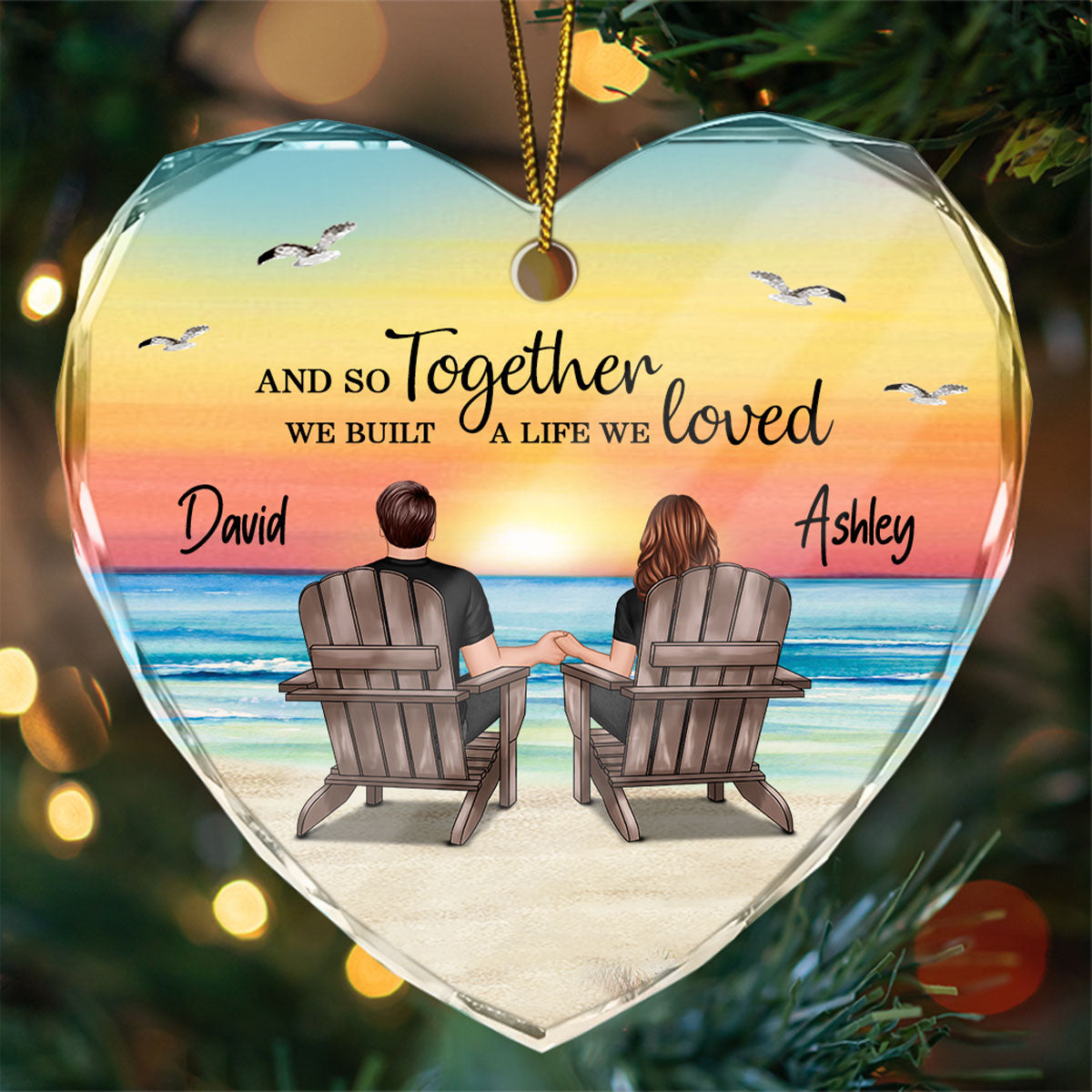 Couple Sitting Eternal Sunset Beach Personalized Heart Glass Ornament, Heartfelt Christmas Gift For Girlfriend, For Wife
