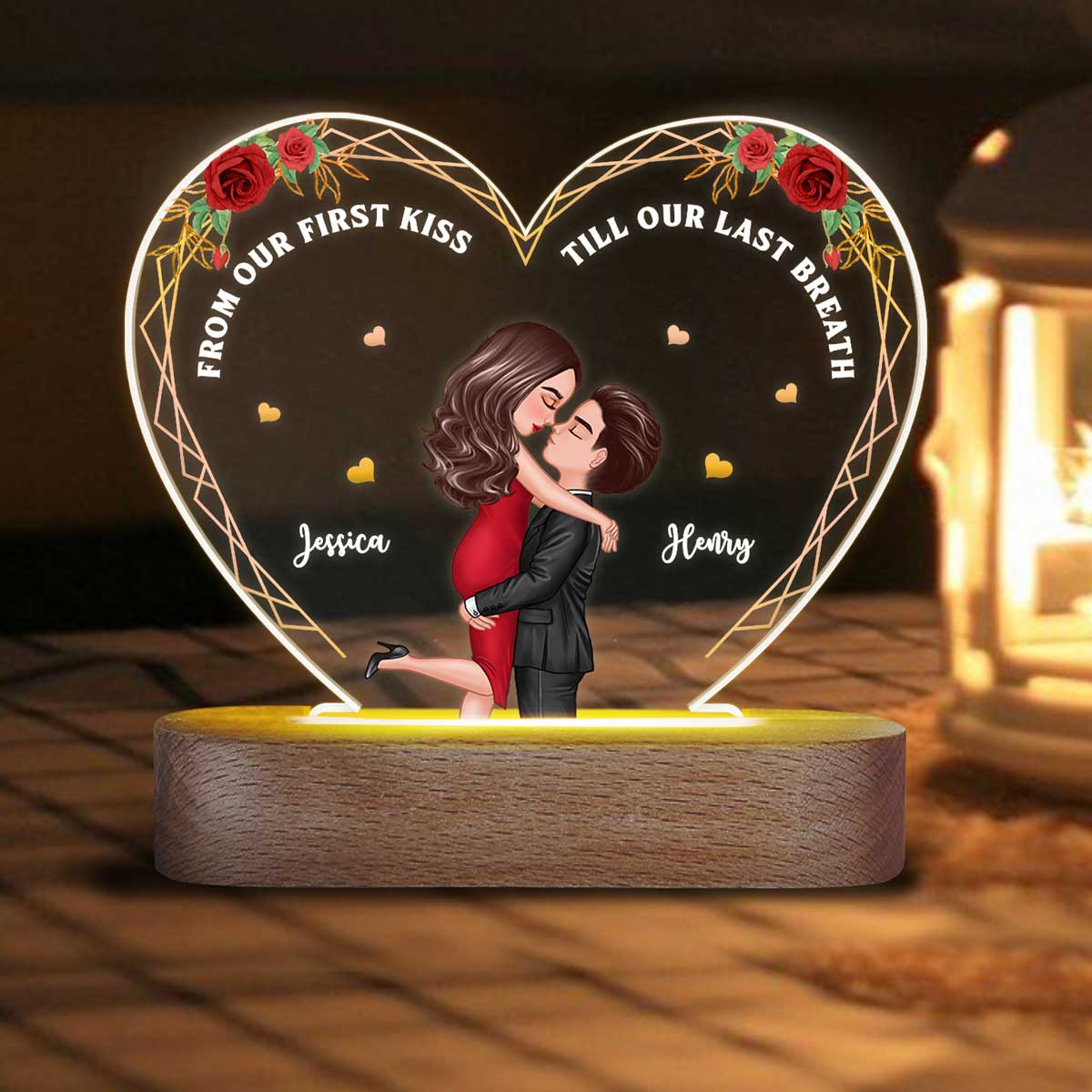 Hugging Couple From Our First Kiss Personalized Heart Plaque LED Night Light - Acrylic LED Lamp