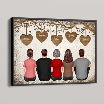 Back View Mom And Daughters Sons Sitting Under Heart Tree Personalized Horizontal Poster