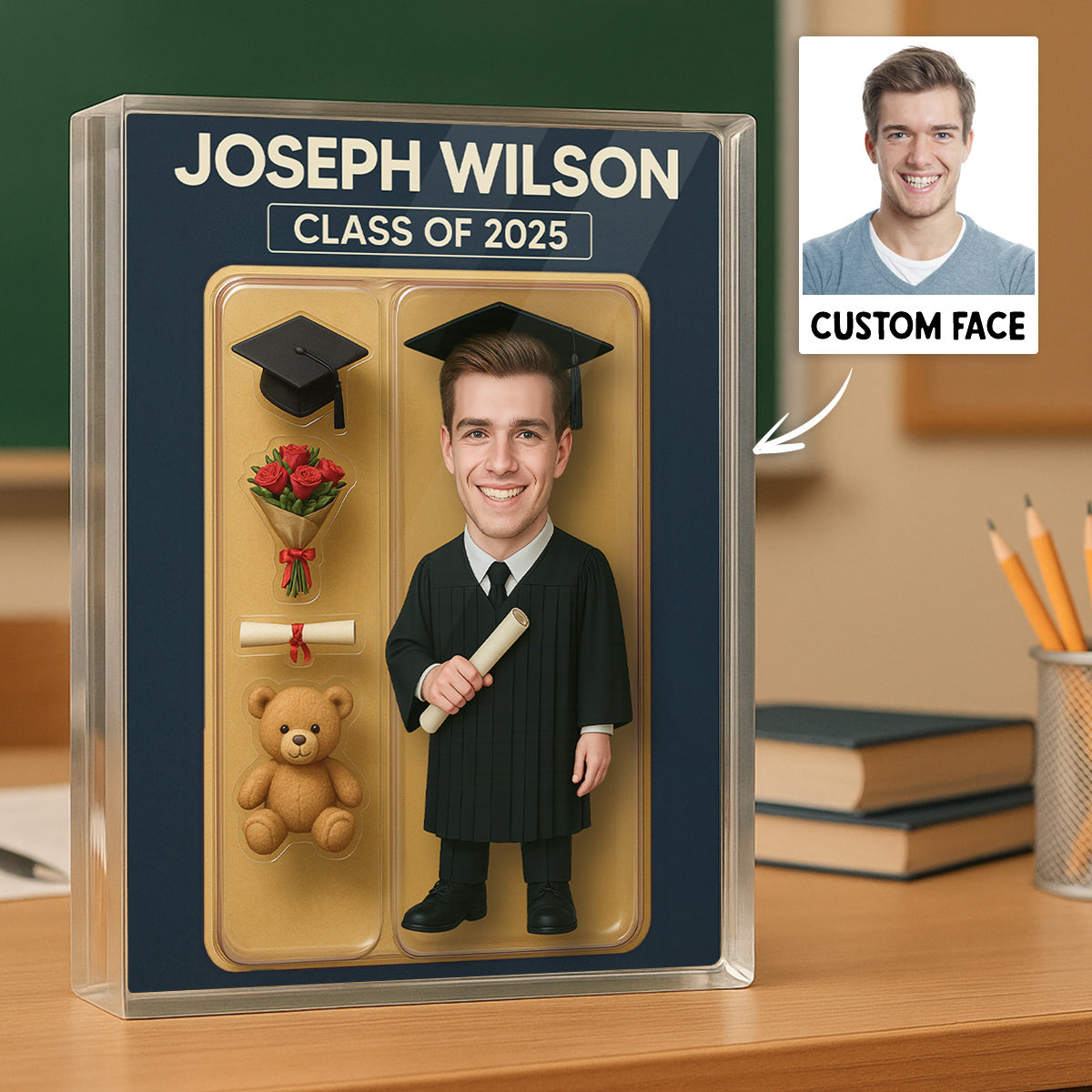 [MALE version ONLY] - 3D Effect Graduation Custom Figure Personalized Flat Rectangle Acrylic Block Plaque, Unique Keepsake, Graduation Gift