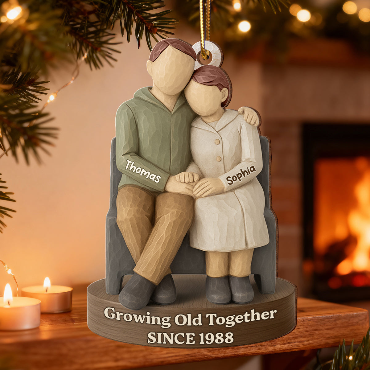 Couple Growing Old Together 3D Effect - Personalized Wooden Ornament - Christmas Gift for him, for her