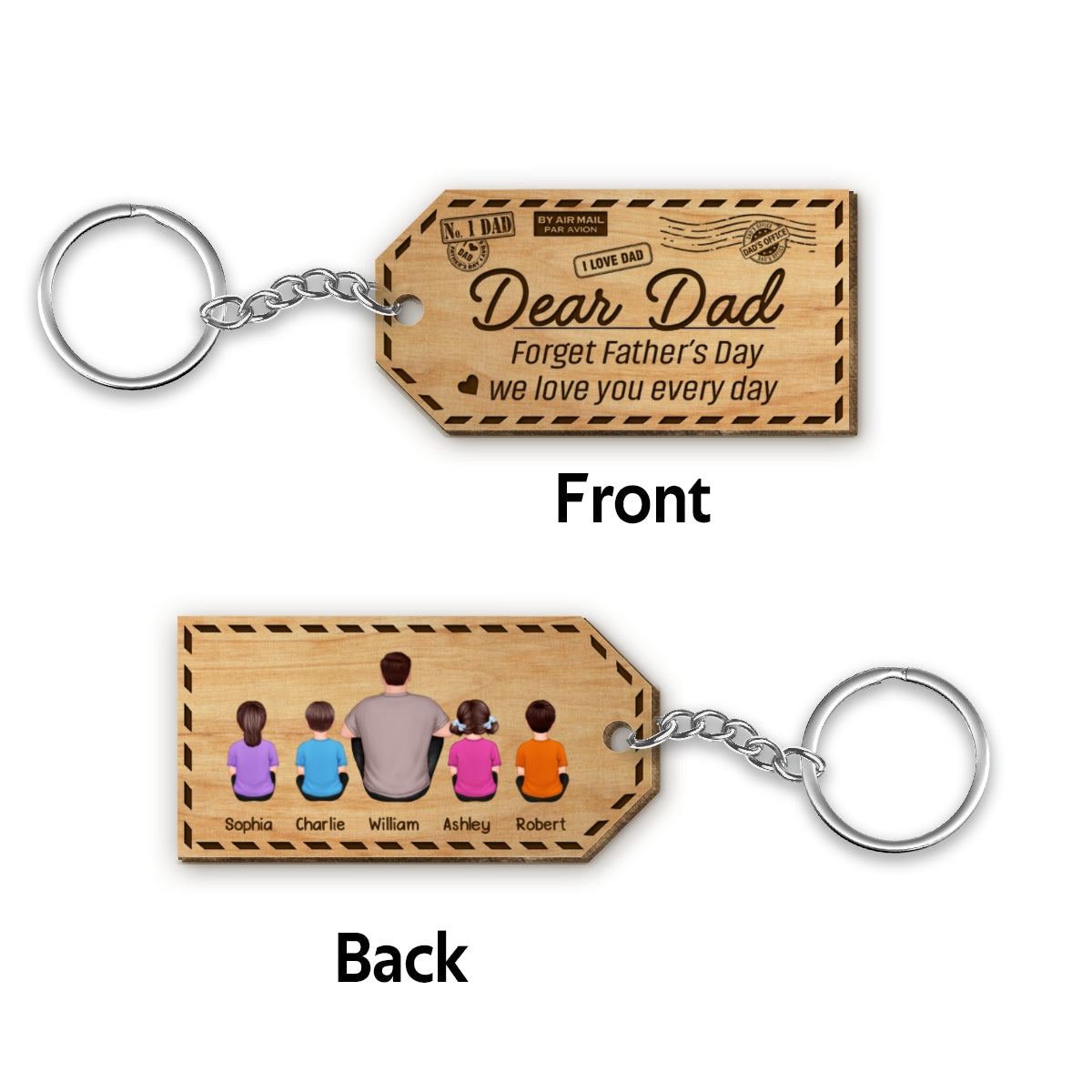 Dad Kids Dogs Cats Back View Envelope Personalized Wooden Keychain