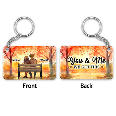 Fall Season Couple Back View Sitting On Bench Personalized Acrylic Keychain