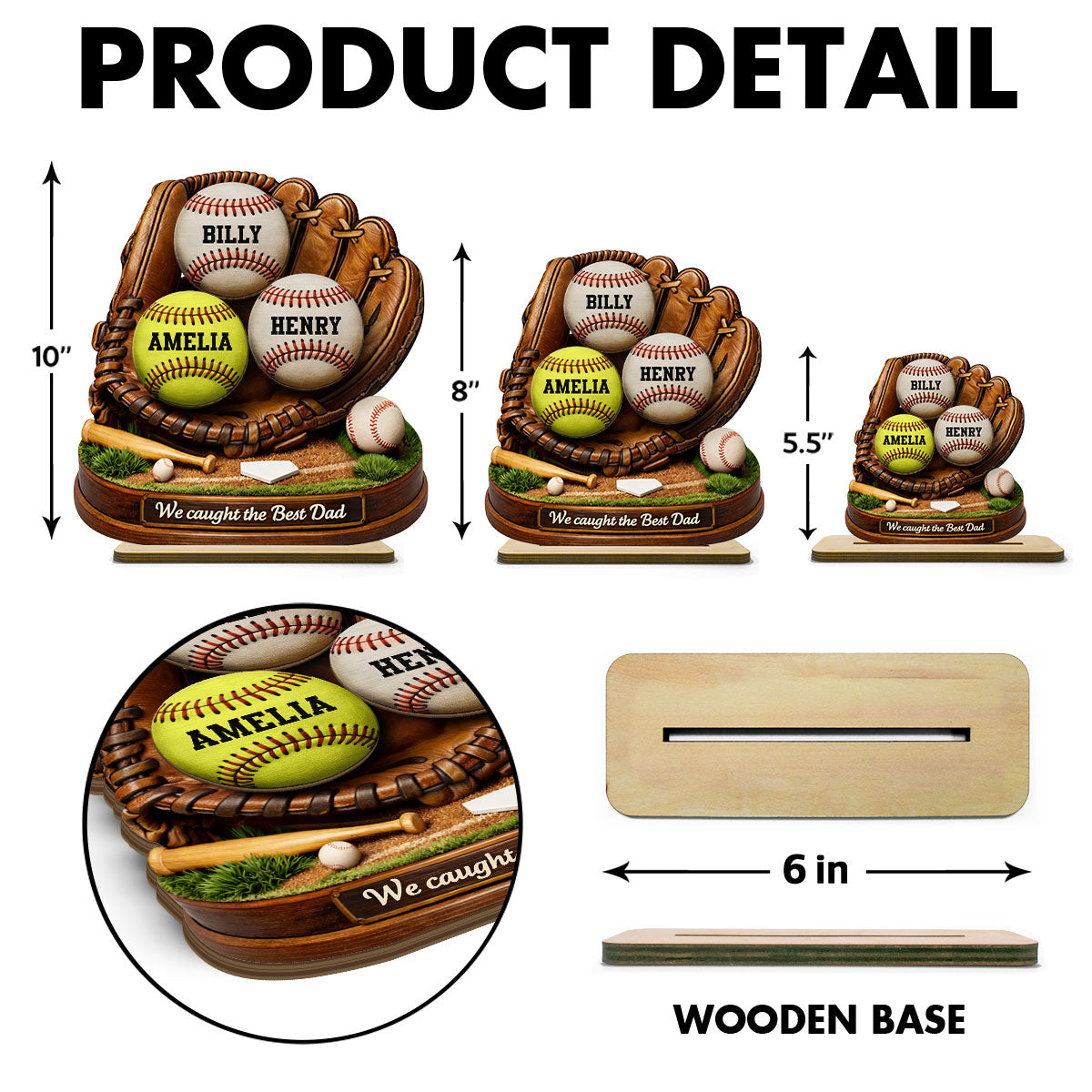 We Caught the Best Dad Baseball Softball - Personalized 2-Layered Wooden Plaque - Heartfelt Gift for Dad