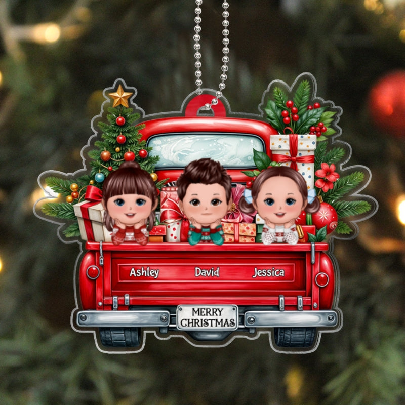 Merry Christmas Grandkids On Truck Personalized Acrylic Ornament, Christmas Gift For Granddaughter Grandson Grandkid From Grandma