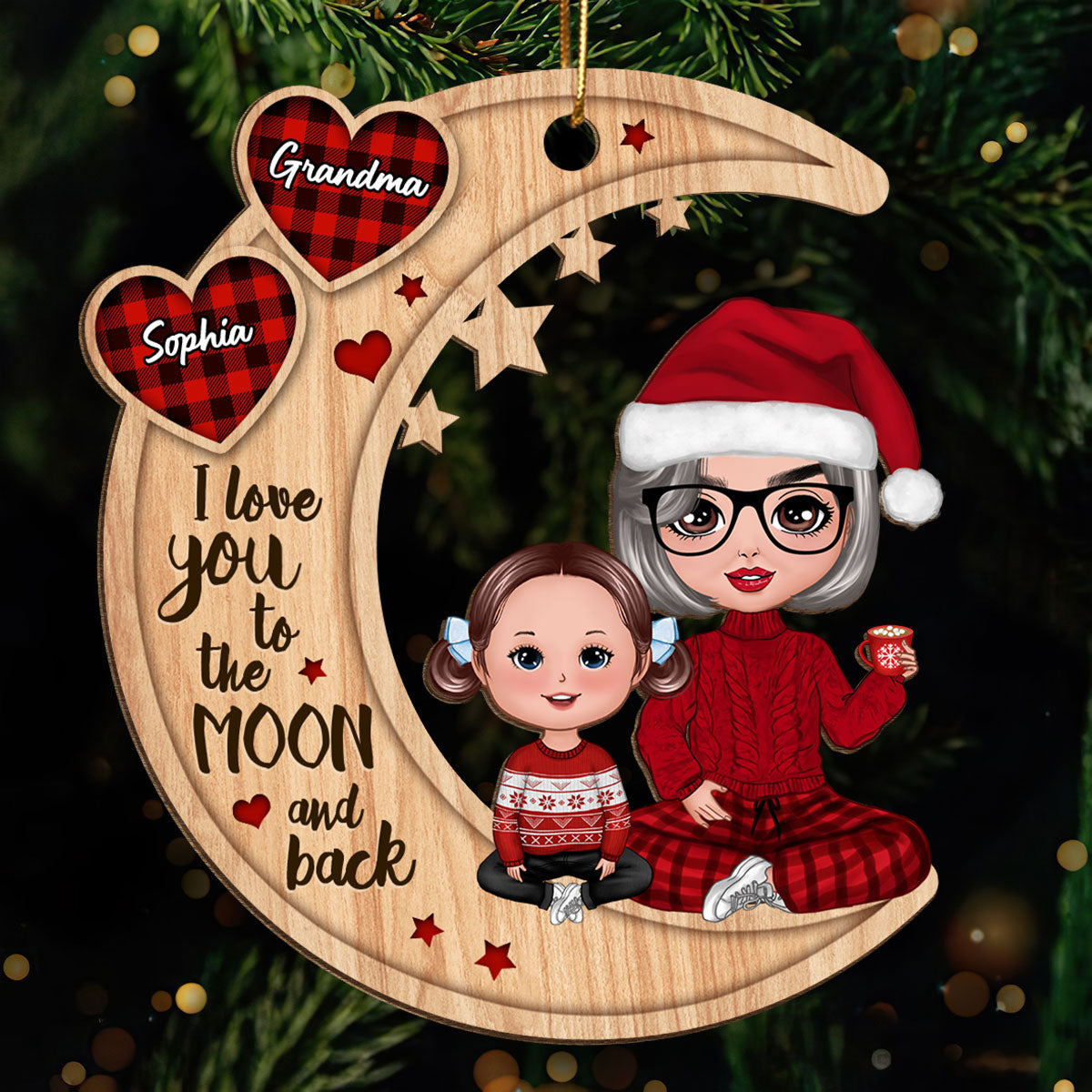 Checkered Pattern Heart Doll Grandma & Grandkid Sitting On Moon Personalized Wooden Ornament