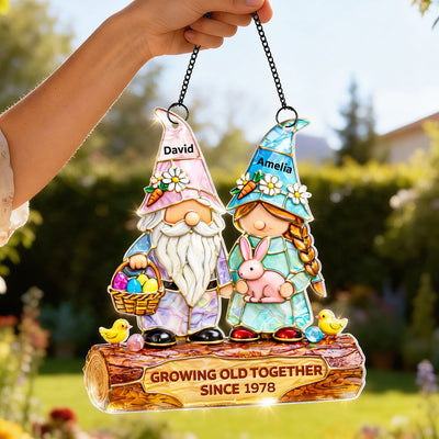 Growing Old Together Since Couple Gnome - Personalized Suncatcher - Gift For Couple, Family