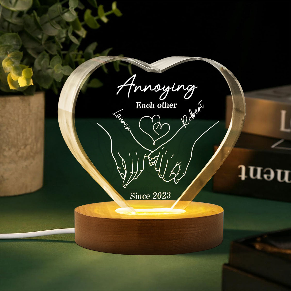 Couple Holding Hands Outline Personalized Premium Crystal Heart LED, Valentines Day Gift, Anniversary Gift for Him, for Her
