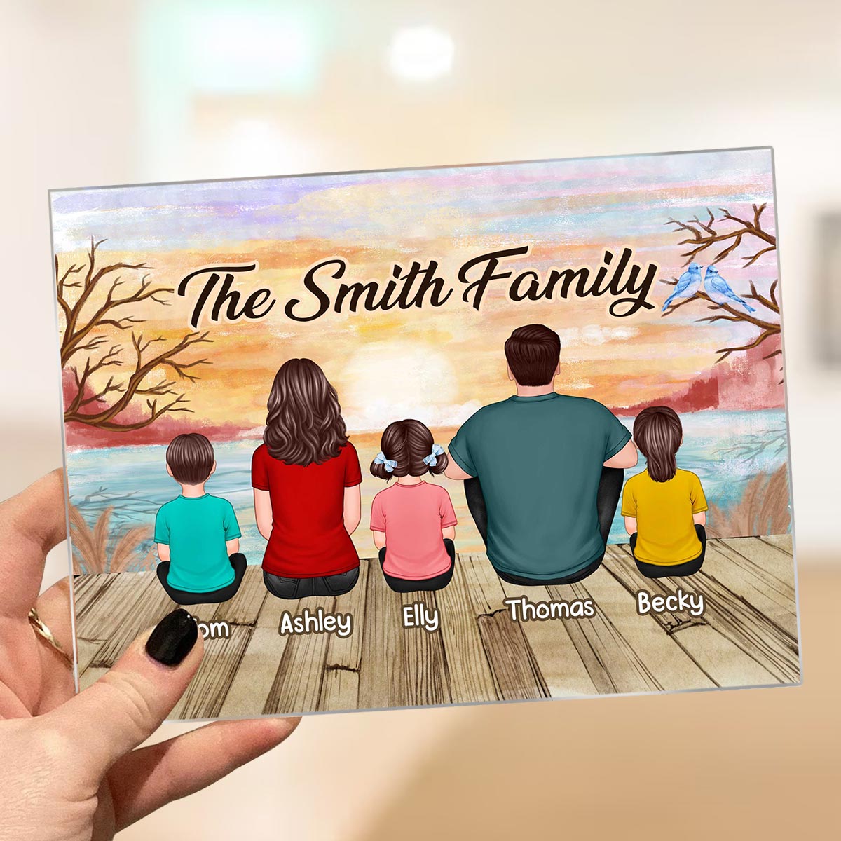 Lake View Whole Back View Family Grandma Grandpa Dad Mom Kids Dogs Cats Sitting Personalized Acrylic Plaque