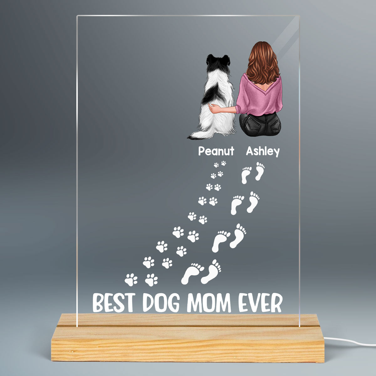 Best Dog Mom Footprints Personalized Plaque LED Night Light