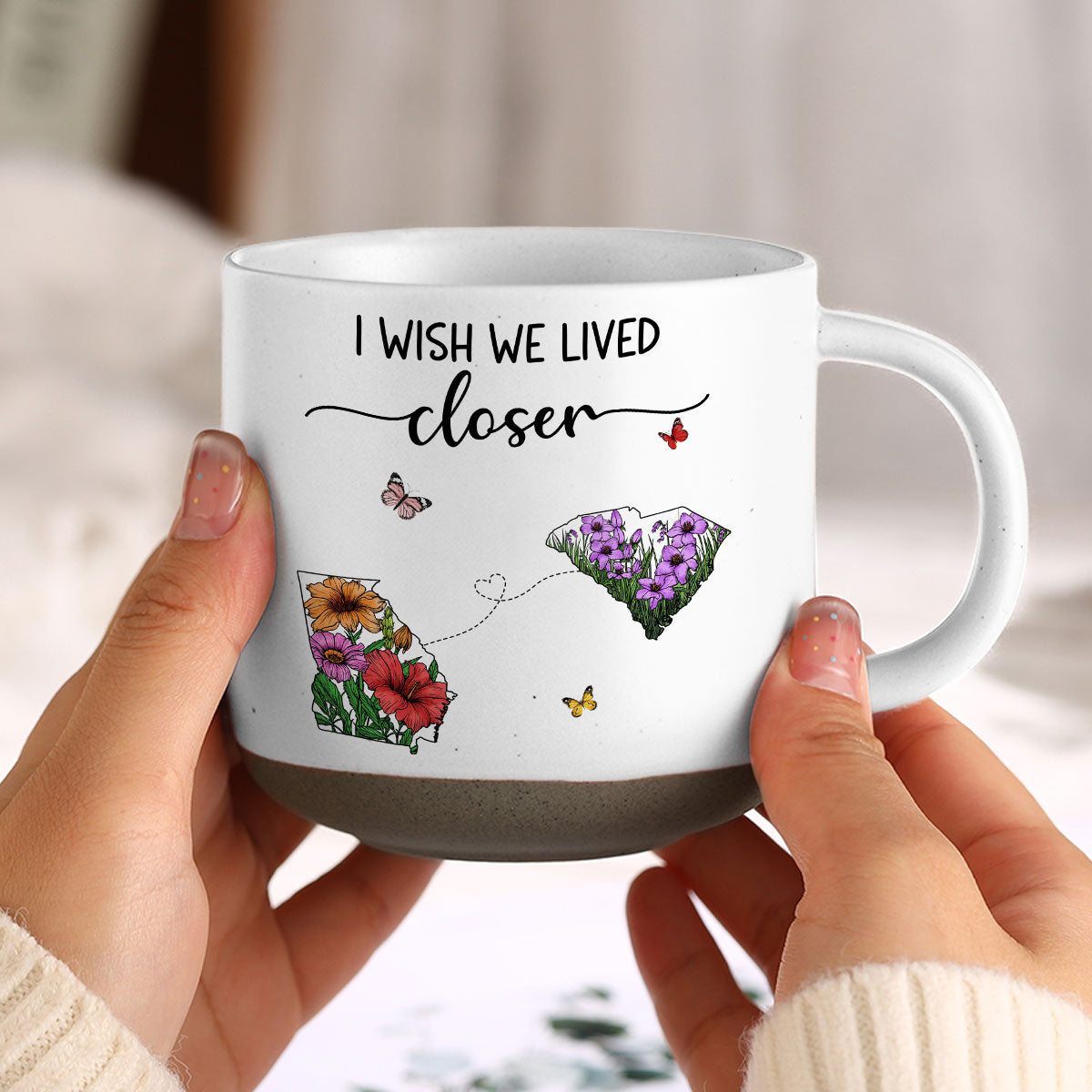 Wish We Lived Closer Wildflower State Map Personalized Pottery Mug