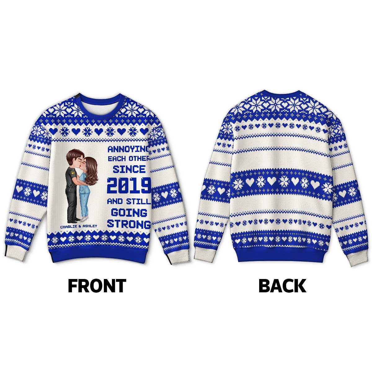 Christmas Hugging Kissing Couple Occupation Personalized Faux Knitting Ugly Sweater, Gift For Him, For Her, For Police, Nurse, Firefighter, EMS, Military