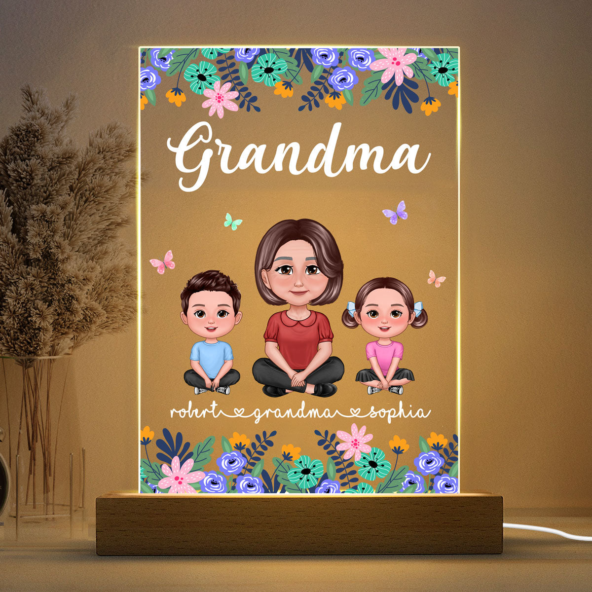 Grandma Mom Pretty Doll Floral Frame Personalized Rectangle Acrylic LED Night Light
