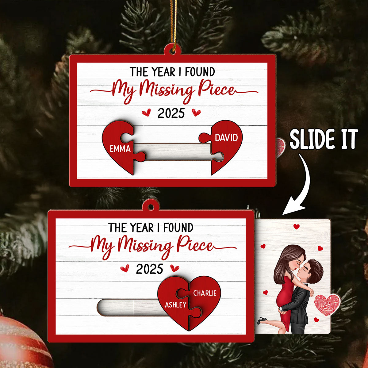 You Are My Missing Piece Couple Hugging Kissing Personalized Slider Ornament, Christmas gift for Him for Her