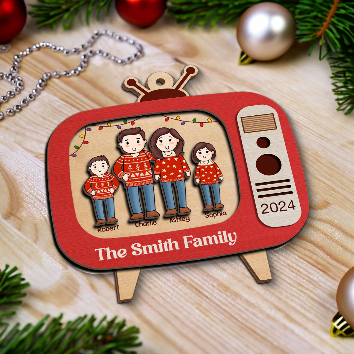 Comic Family In Christmas Red Retro Televison Personalized 2-Layer Wooden Ornament