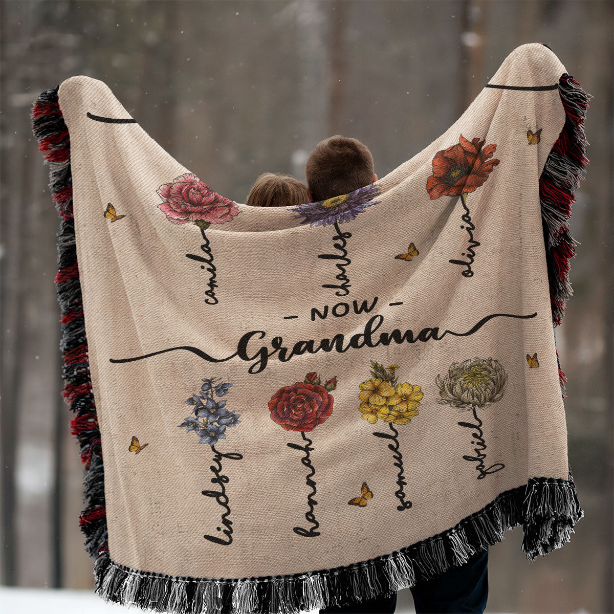 First Mom Now Grandma Birth Flower Personalized Tapestry Woven Blanket, Heartfelt Gift For Grandma