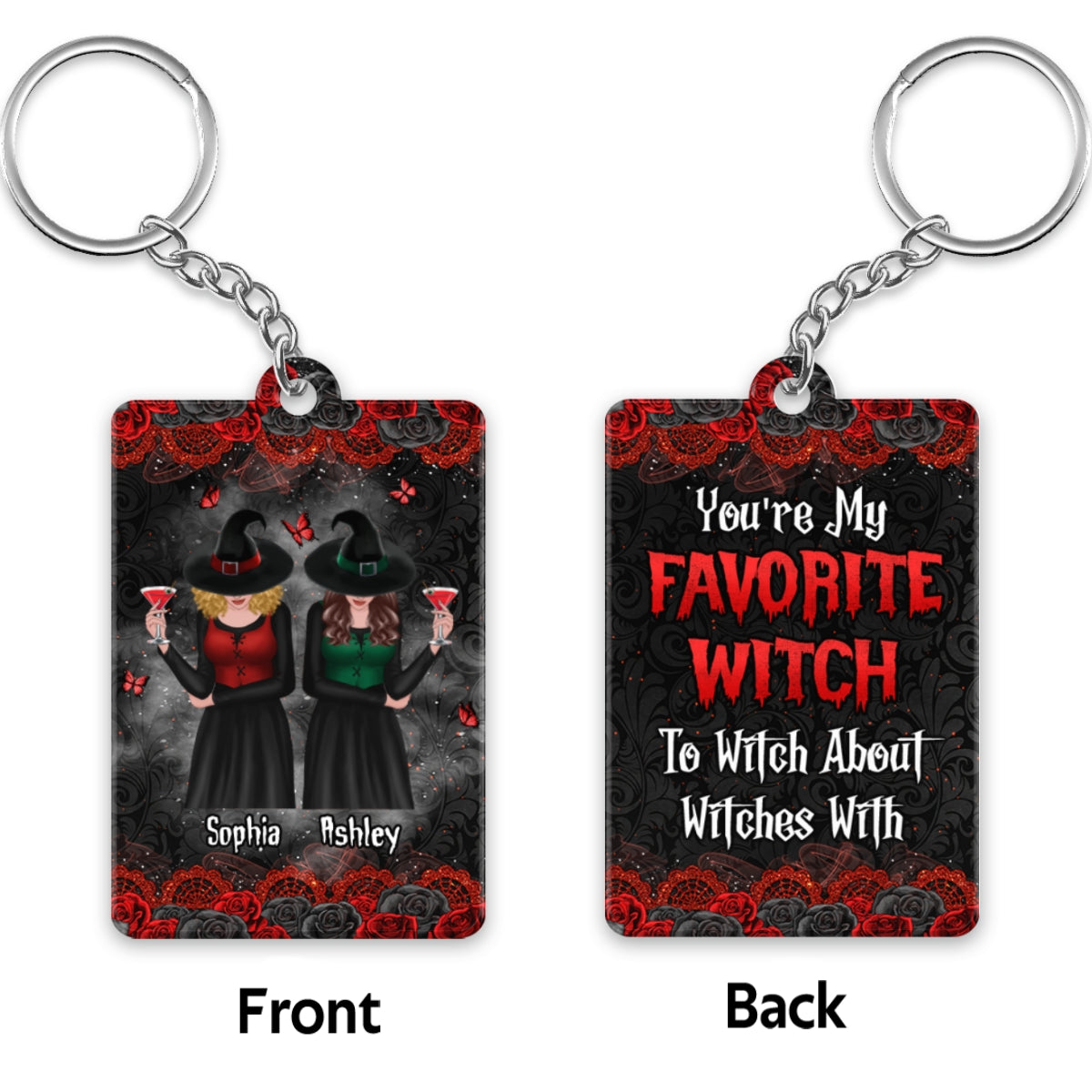 Roses Halloween Front View Besties Witches Gift For Best Friends Personalized Acrylic Keychain