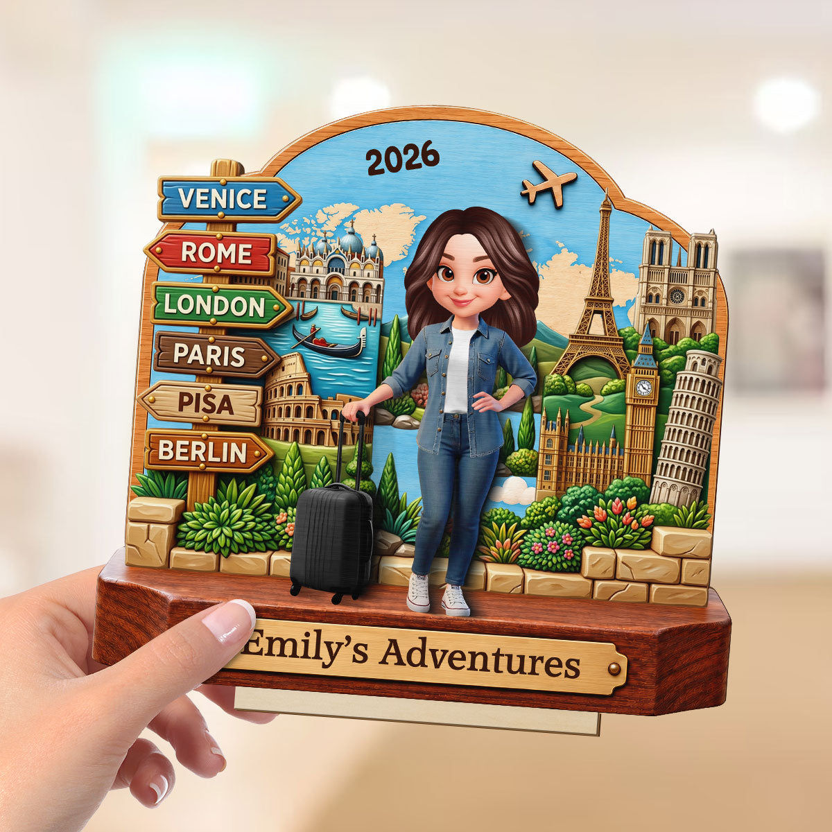 Travel Destination Landmarks 2D Flat Printed - Personalized 2-Layered Wooden Plaque - Traveling Keepsake, Gift For Travel Travel Lovers