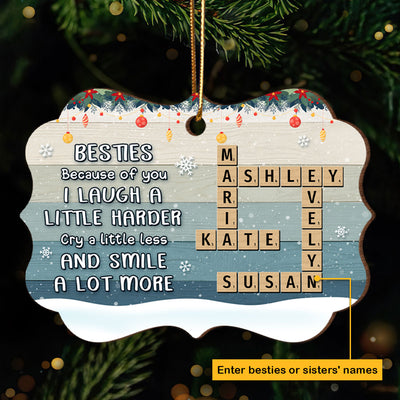Besties Sisters Smile A Lot More Crossword Puzzle Art Personalized Wooden Ornament, Christmas Gift for Best Friends, Sisters