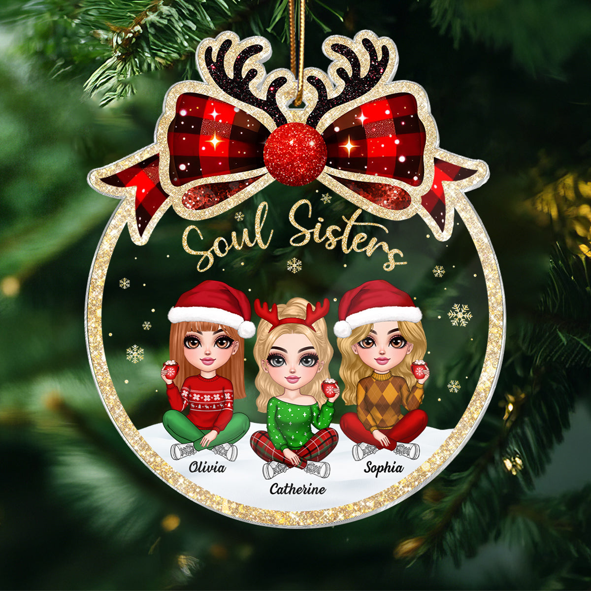 Lovely Besties Christmas Bow Personalized Acrylic Ornament, Christmas Gift For Best Friends