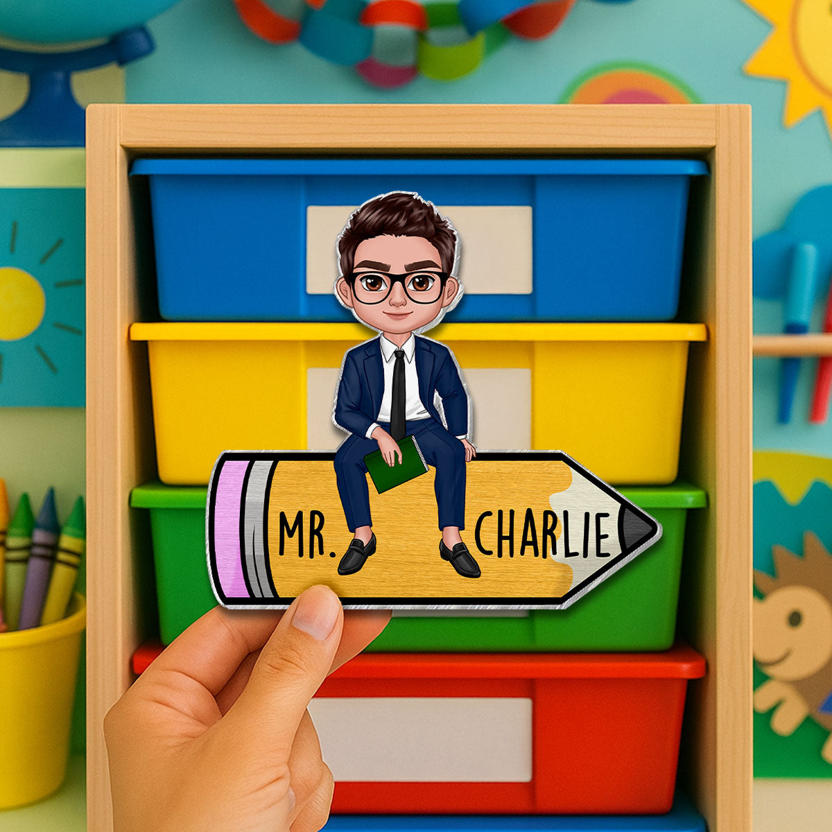 Teacher Sitting On Pencil Personalized Whiteboard Magnet, Classroom Decor