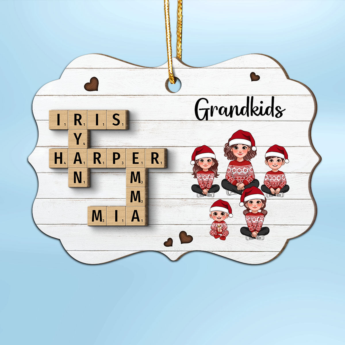 Crossword Puzzle Art Animated Grandma Grandkids Sitting Christmas Personalized 2-Layer Wooden Ornament