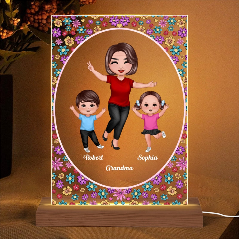 Happy Doll Grandma Kids Flowers Frame Personalized Rectangle Acrylic LED Night Light
