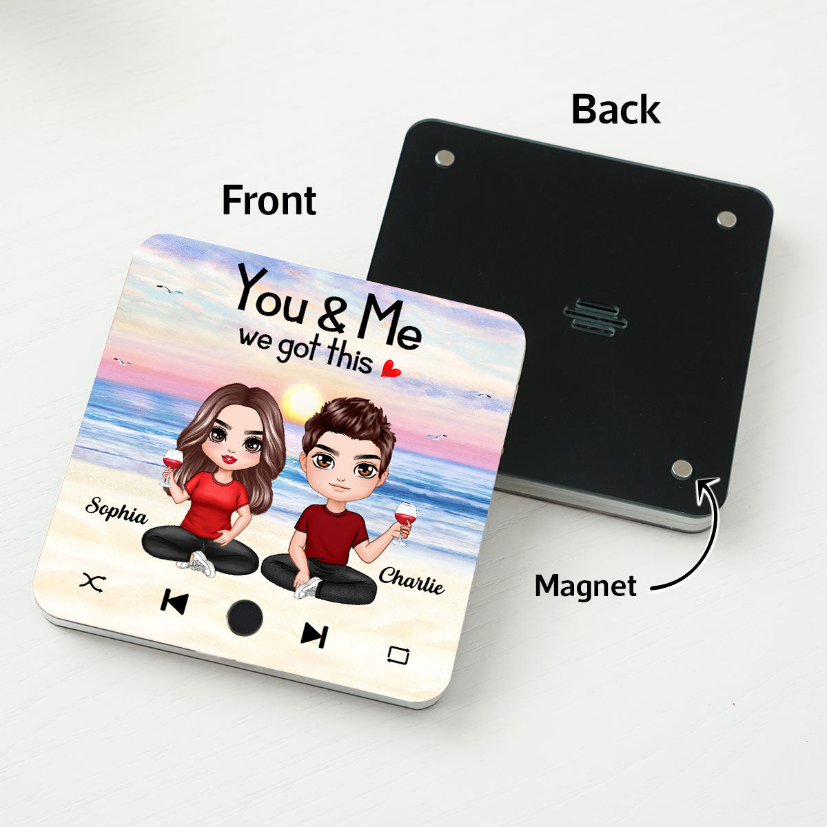 Doll Couple Sitting Together Since Favorite Song Personalized Music Fridge Magnet,  Gift For Couple