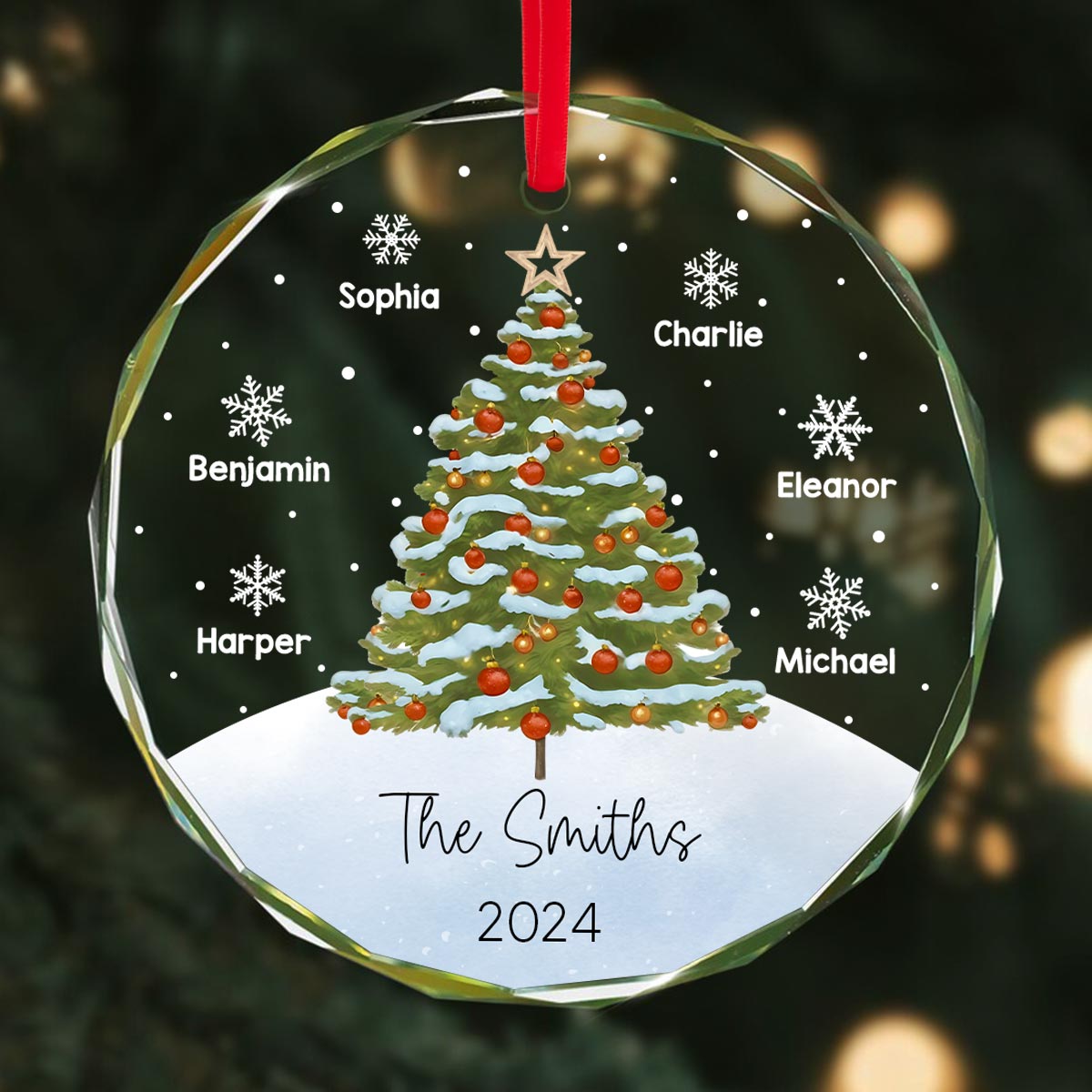 Watercolor Christmas Tree Family Names Personalized Glass Ornament