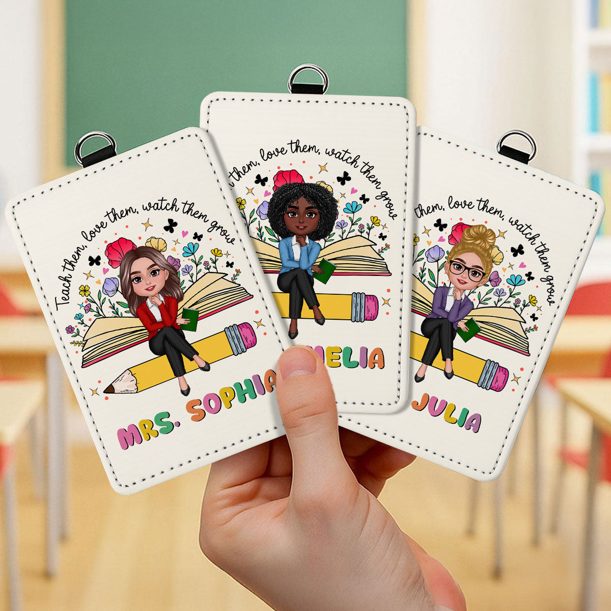 Teacher Teach Love Watch Them Grow Wildflowers Personalized ID Badge Holder, Back To School Gift