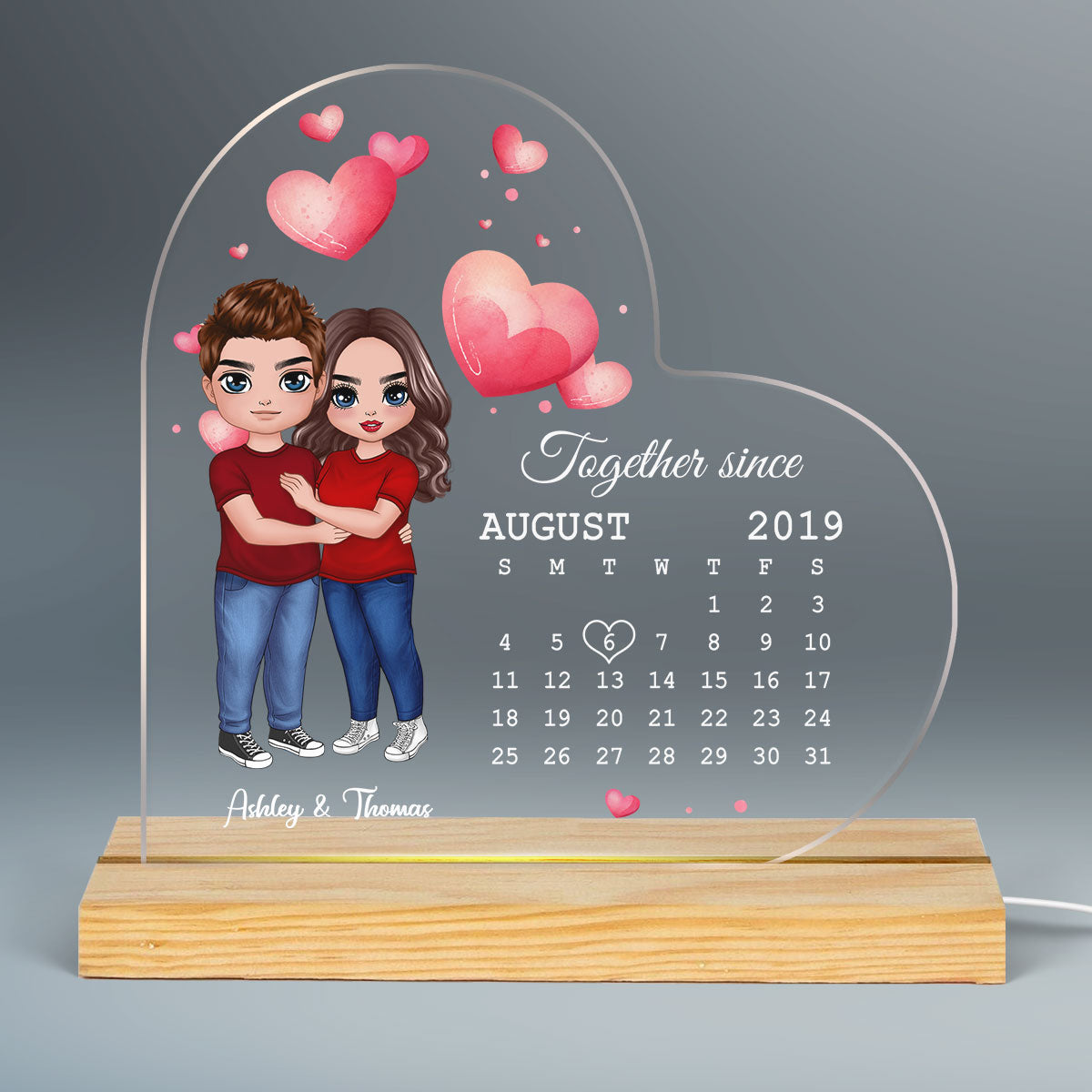 Doll Couple Hugging Standing Anniversary Date Calendar Personalized Heart Shaped Acrylic Plaque With LED Night Light - Anniversary Gift For Couple - Gift For Him, Gift For Her