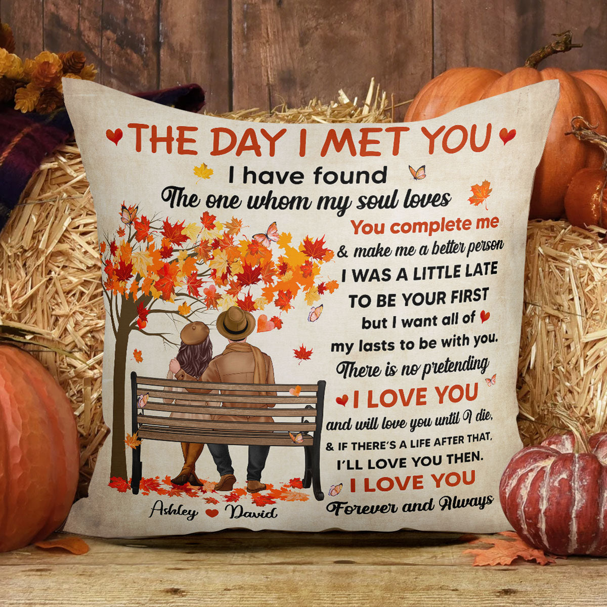I Met You Couple Fall Season Couple On Bench Personalized Pillow