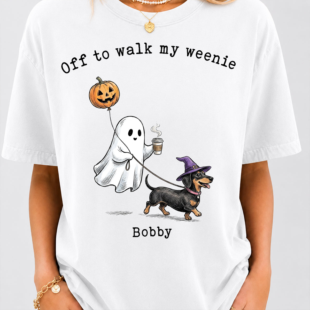 Off to Walk My Dog - Personalized Shirt - Halloween Spooky Ghost Trendy Tee for Dog Moms, Dog Dads