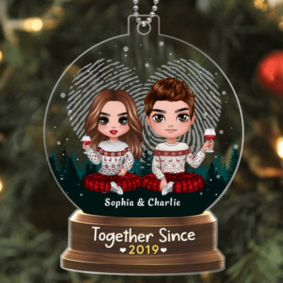 Doll Couple Sitting In Snow Globe Personalized Acrylic Ornament