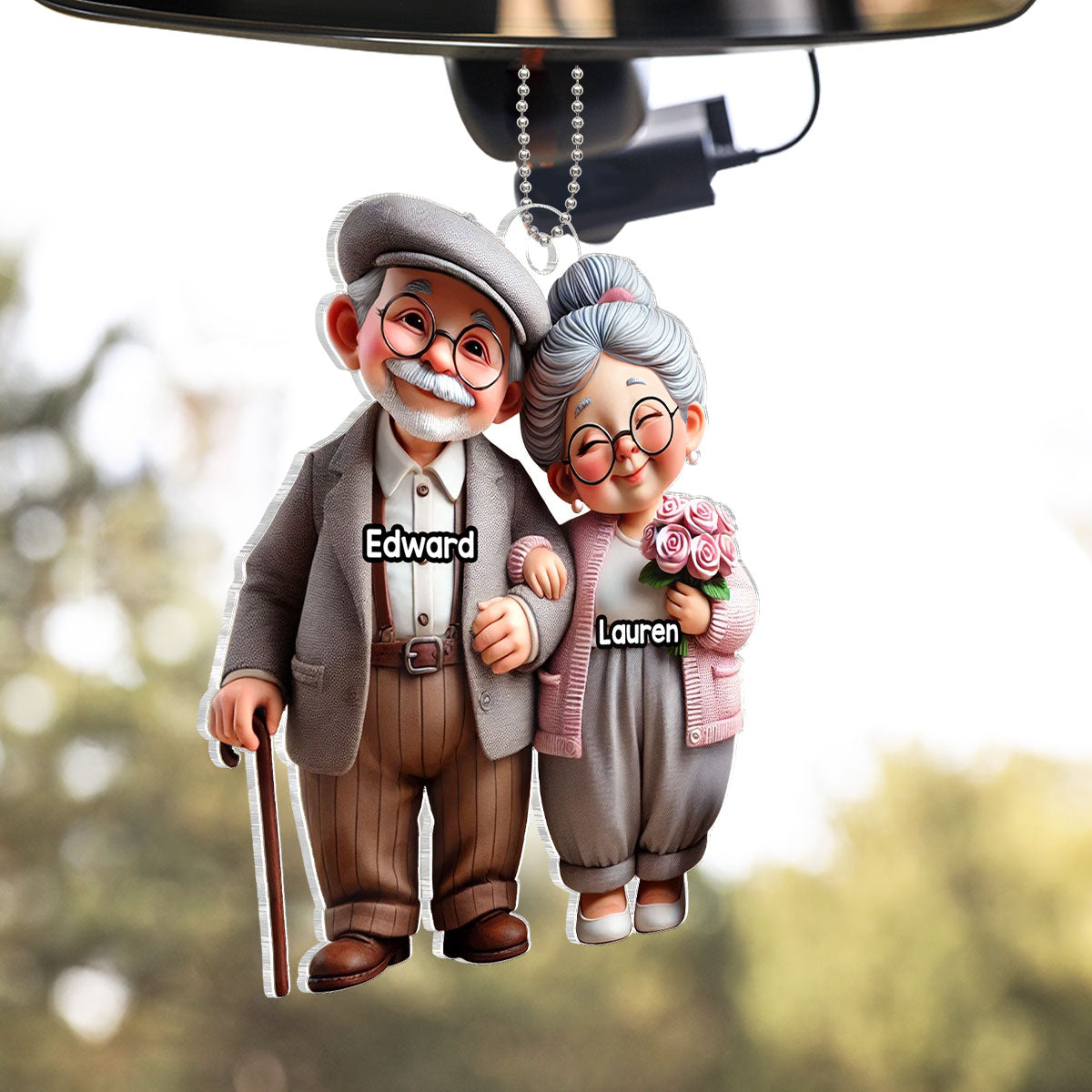 3D Effect Old Cartoon Couple Holding Hand Personalized Acrylic Car Hanger, Valentine's Day, Anniversary, Just Because Gift for him, for her